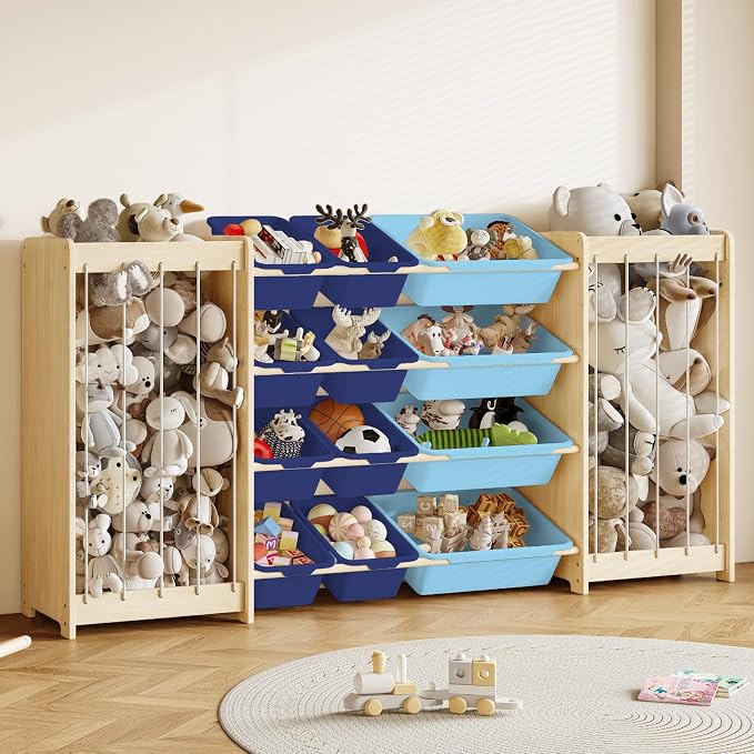 EXPERLAM Large Toy Storage Organizer, Wooden Stuffed Animal Storage & 12-Bins Toy Organizer, Double-Sided Plush Toy Holder Featuring Thicker Ropes, Space Save Bedroom Nursery Playroom Storage, Blue
