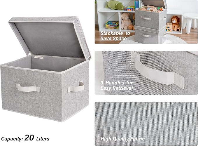 StorageWorks Fabric Storage Bins with Lids, Closet Storage Bins | Flip-Top Lid, 3 Handles, Collapsible, Stackable, for Clothes Blankets, Multi-Purpose, Large, Gray, 2-Pack