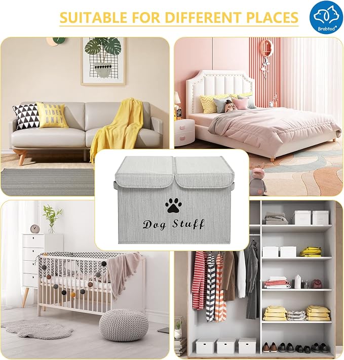 Large Dog Toys Storage Box Canvas Storage Basket Bin Organizer with Lid - Collapsible Linen Bin Ideal for Organizing Dog Cat Toys and pet Stuff-PP Boad-17" x 12" x 10" - Slub Gray