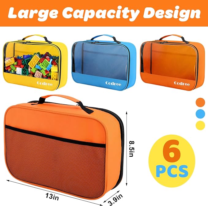 6 Pack Large Oxford Cloth Toy Storage Bags, Waterproof Travel Toy Storage | 13 x 8.5 x 3.9 Inch Visible Organizer Pouch with Zipper for Building Blocks Small Toys