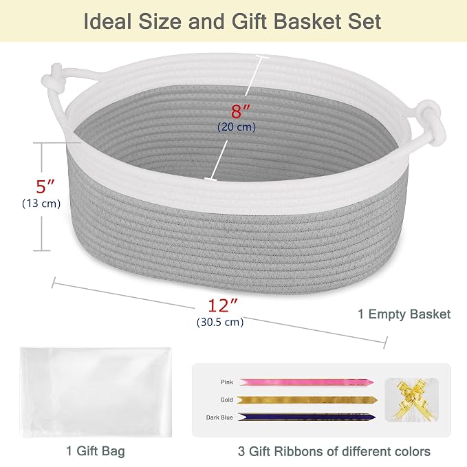 Small Empty Gift Basket with Bag & Ribbons, White & Cool Gray | 12“x8”x5”, Cotton Rope Woven Basket for Birthdays, Baby Showers, Mother's Day, Christmas; Stores Small Items, Kids & Pet Toys