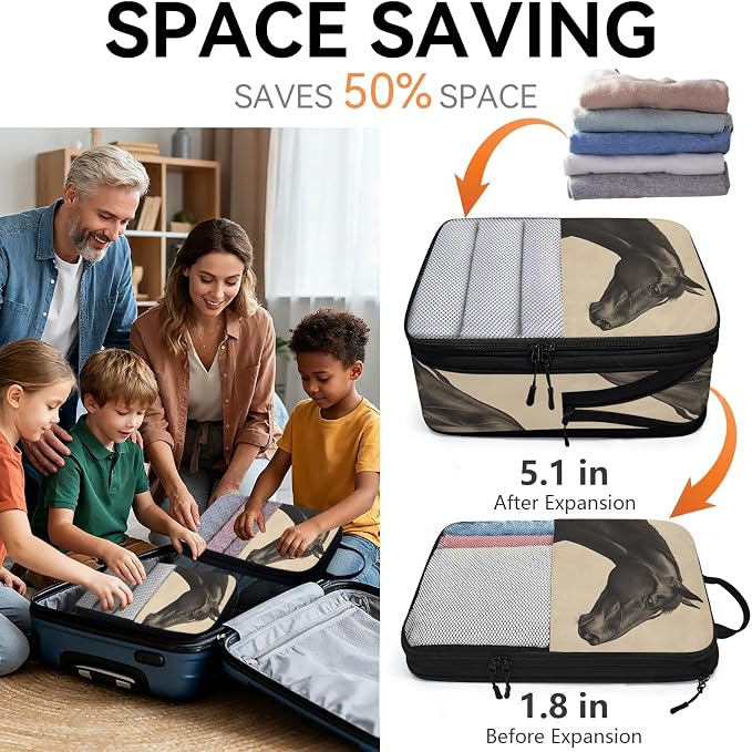Horse 6 Set Compression Packing Cubes Animal Expandable Packing Organizer for Travel Accessories Luggage Suitcase Bag