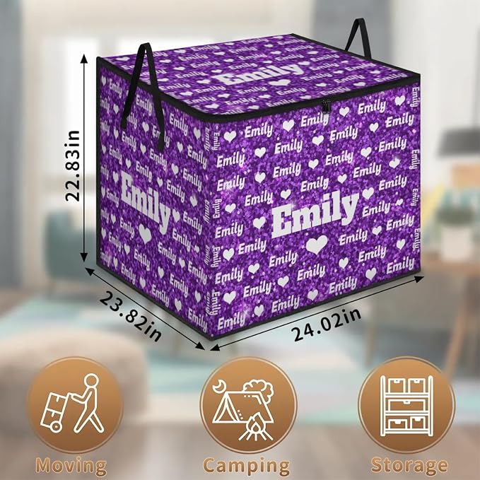 Personalized Extra Storage Bins with Lid, Customized Name Jumbo Storage Basket Rectangle Clothes Organizer for Organizing Kids and Pets Toys Shelf Closet, Love Heart Pattern Purple Sequins