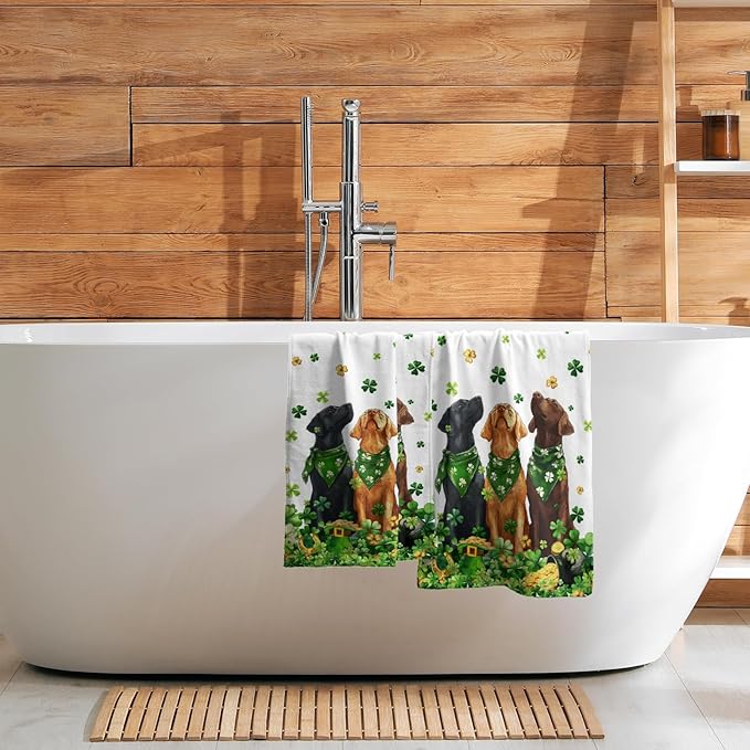 Giwawa St Patrick Dog Towel Set of 2, Falling Lucky Clover Shamrocks Decorative Hand Towels, Patrick's Day Hat Puppy Soft Microfiber Face Towel Washcloth for Bathroom Guest Gym Spa Hotel