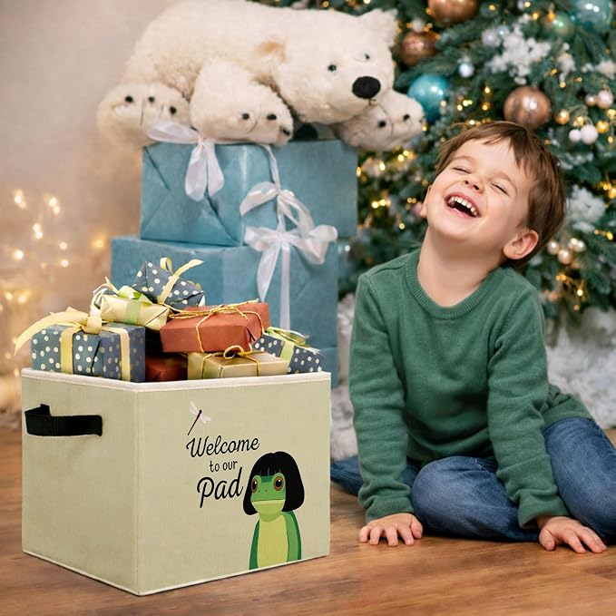 Frog Welcome Storage Bin, Foldable Fabric Organizer Basket | Frog welcome storage bin with “Welcome to our pad” text, soft green background, foldable fabric and handles.