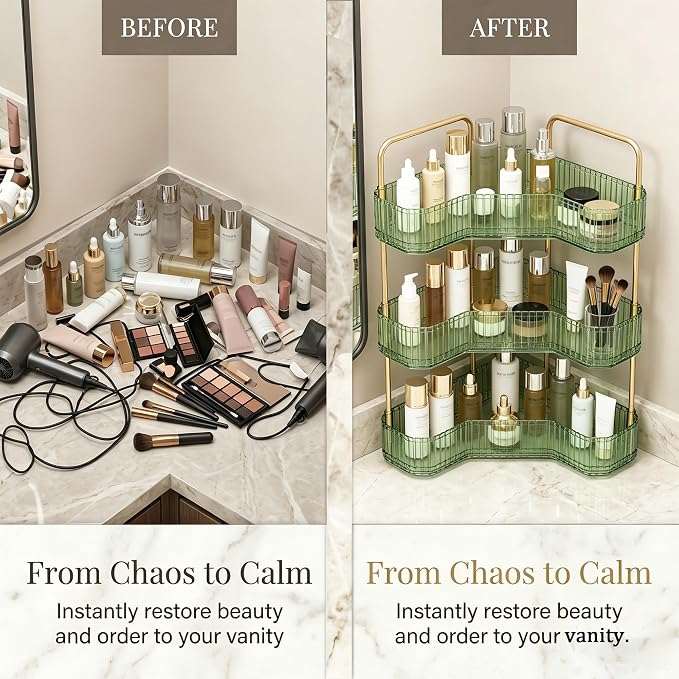 3-Tier Corner Bathroom Organizer, Skincare Vanity Counter Shelf Green | Premium PET Perfume Display Stand with Gold Metal Rods, Space-Saving 90 Degree Storage Rack for Dresser
