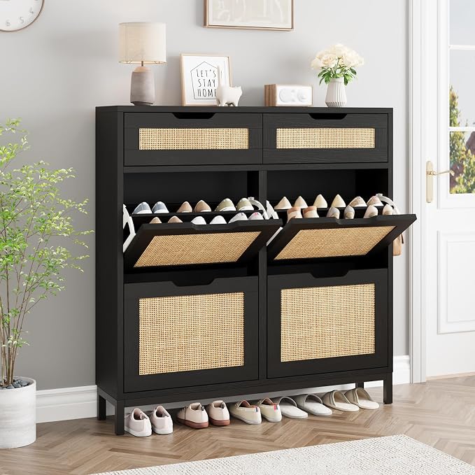 Jocoevol Rattan Shoe Cabinet for Entryway with 4 Flip Drawers and 2 Drawers, Narrow Freestanding Shoe Storage Cabinet with Metal Legs for Entryway/Hallway/Foyer (Black)
