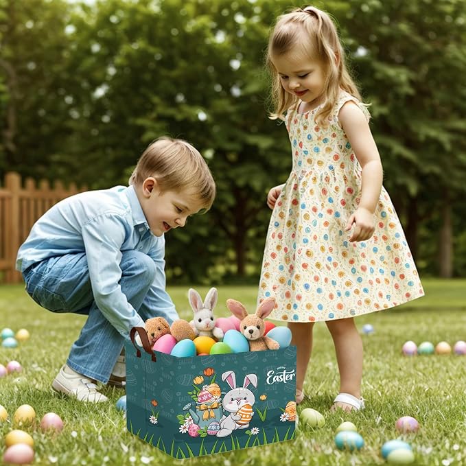 Large Cute Easter Basket for Kid Empty Gift Baby Rectangle Storage Bin Bunny Eggs Boy＆Girl Room Décor (Rabbit Blue)