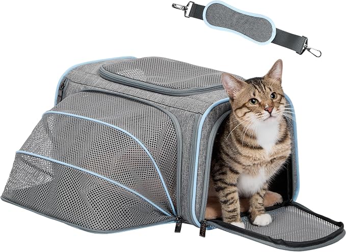 Petsfit Small Expandable Cat Carrier for Air Travel, Up to 9 lb | 16 x 10 x 9 in; sized for Alaska Airlines, with locking zippers, an interior safety tether and multi-side ventilation.