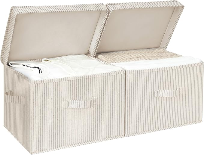 StorageWorks Fabric Storage Bins with Lids, Closet Storage Bins | Flip-Top Lid, 3 Handles, Collapsible, Stackable, for Clothes Blankets, Multi-Purpose, Large, Khaki and Beige Stripes, 2-Pack
