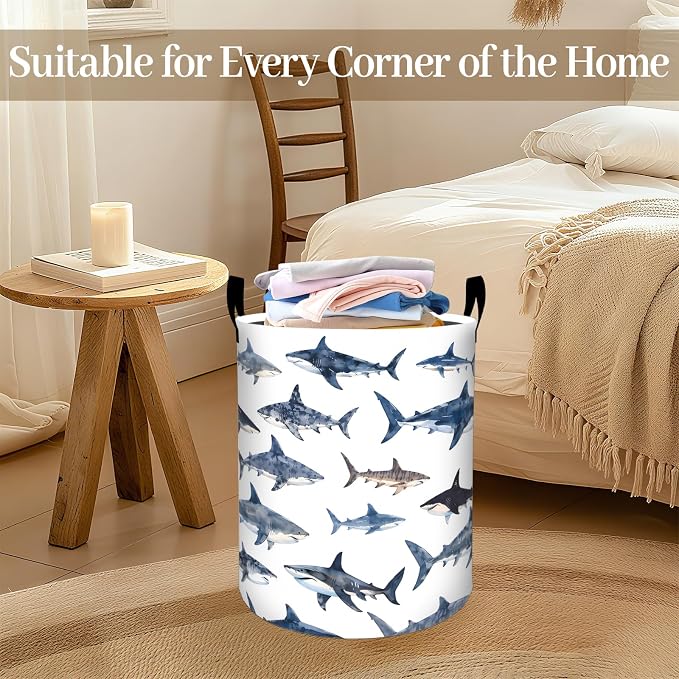 Shark Laundry Basket, Ocean Animal Print Foldable Oxford Cloth, Waterproof Dirty Clothes Hamper with Handles, Clothing Storage Bin Toy Organizer for Bedroom Dorm Bathroom, 19.7"x15.7"