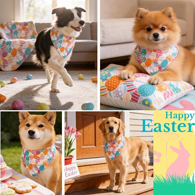 Easter Dog Bandana Colorful Eggs - Pet Scarf with Adjustable Snap Button Cute Holiday Costumes, Small to Medium Breeds (5-30lbs)