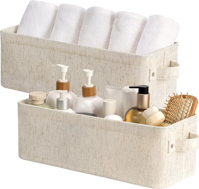 StorageWorks Narrow Storage Bins, Toilet Paper Storage, Beige, 2-Pack | Cotton Linen Fabric, With Metal Frame, Sturdy Structure, Reinforced Handles, Small Baskets for Bathroom, Closet, Shelf