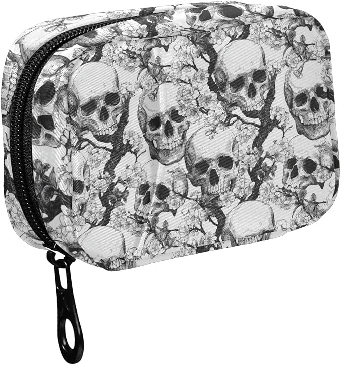 Fustylead Skulls and Cherry Flowers Travel Pill Organizer Bag with Zipper Small Pill Box 7 Day Pill Case for Purse Storage Weekly Vitamin Medicine Supplement