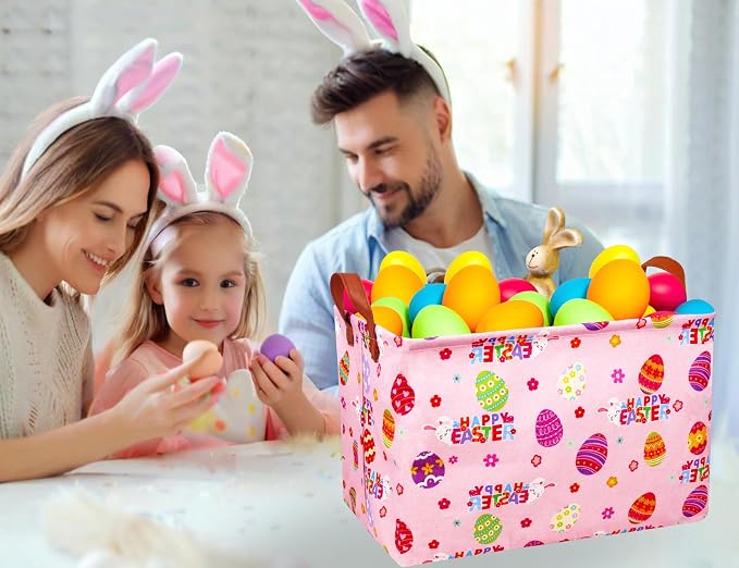 Large Rectangular Easter Baskets Empty Waterproof Boy Toy Box Foldable Kid's Gifts Storage Bin Spring Room Decor(HAPPY Pink Rabbit Egg)