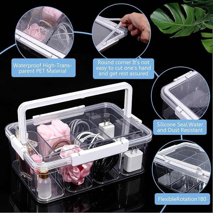 Large Cable Storage Box with Lid Clear Power Cords Organizer 4 Adjustable Dividers Case Desktop Cable Management Box for Home Office Phone Charger Art Crafts Stationery (White)