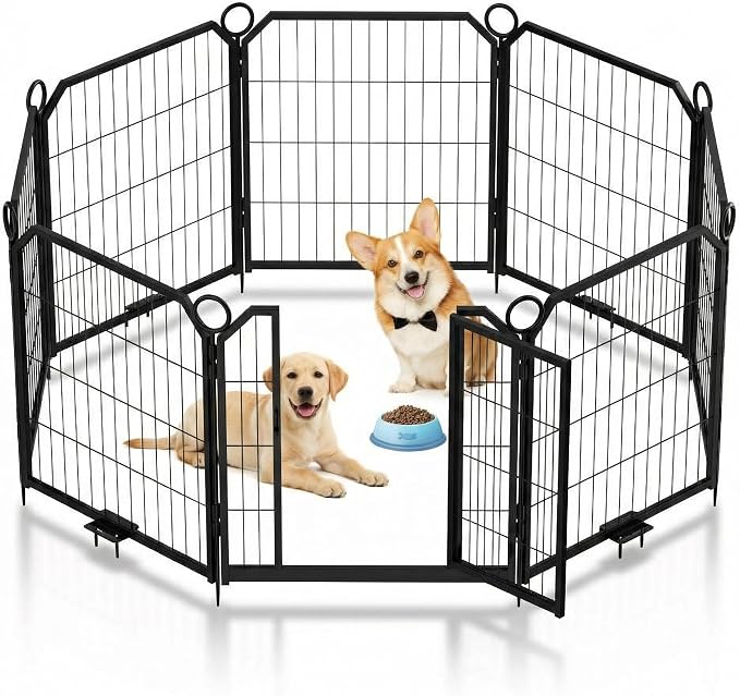Steel Dog Playpen with Lockable Door & Ground Stakes, 24”H 8 Panels Puppy Playpen, Foldable Dog Fence for Indoors/Outdoor/Yard/RV/Camping