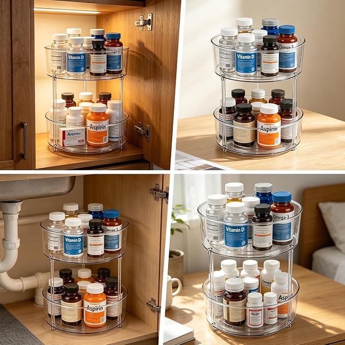 2 Tier Medicine Bottle Organizer, Lazy Susan Organizer for Prescription and Vitamin Bottles, Medicine Cabinet Organizer for Countertop and Bathroom, Transparent Organizer for Empty Pill Bottles