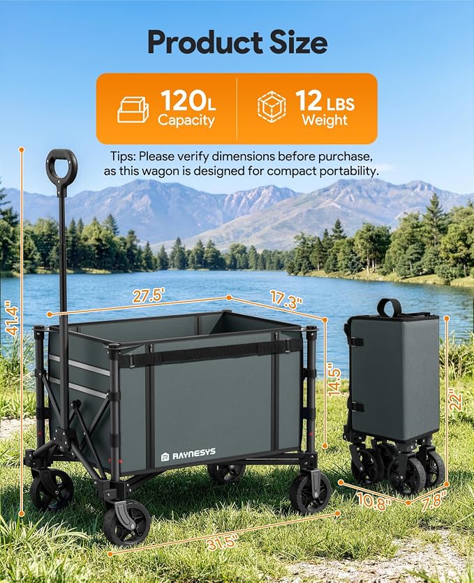 Collapsible Wagon with Wheels,120L Wagon Cart for Camping Groceries Beach | 220lbs Capacity Wagon Carts Foldablet,Smallest Folding Size,Lightweight Portable,Adjustable Handle,Transport long items