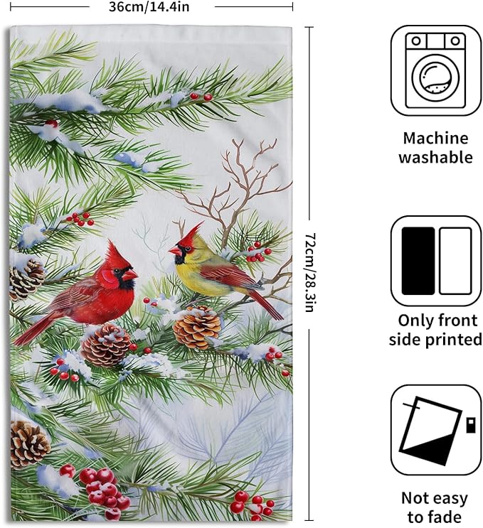 Giwawa Winter Birds Towel Set of 2 Christmas Red Birds Holly Berries Decorative Hand Towels Xmas Snow Pine Cones Soft Microfiber Face Towel Washcloth for Bathroom Guest Gym Spa Hotel Holiday