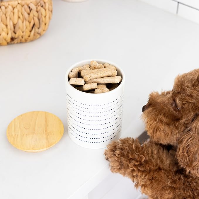 Pearhead Blue Dots Ceramic Dog Treat Jar with Airtight Wooden Lid | 4 Cup / 32 oz, Cute Pet Treat Canister Keeps Dog Snacks Fresh – Durable, Easy-to-Clean Design, Kitchen Counter Décor