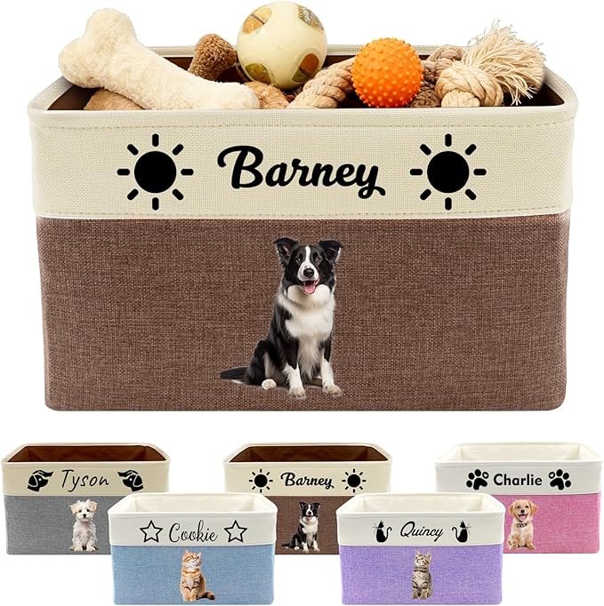 Personalized Dog Toy Basket with Name Photo Custom Dog Food Storage Bins Collapsible Organizer for Toys Dolls Clothing-Brown