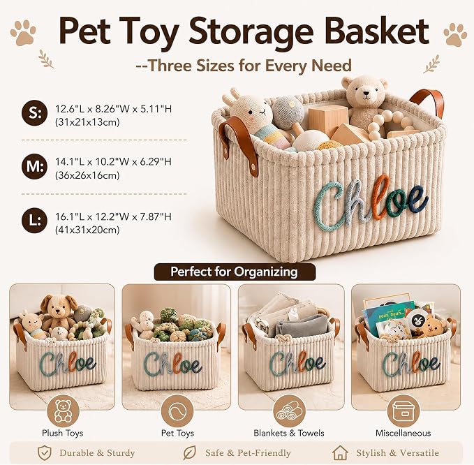 Personalized Dog Cat Toy Basket with Name | Custom Handmade Corduroy Pet Toy Organizer Bin for Home Storage, Unique Gift for Pet Lovers