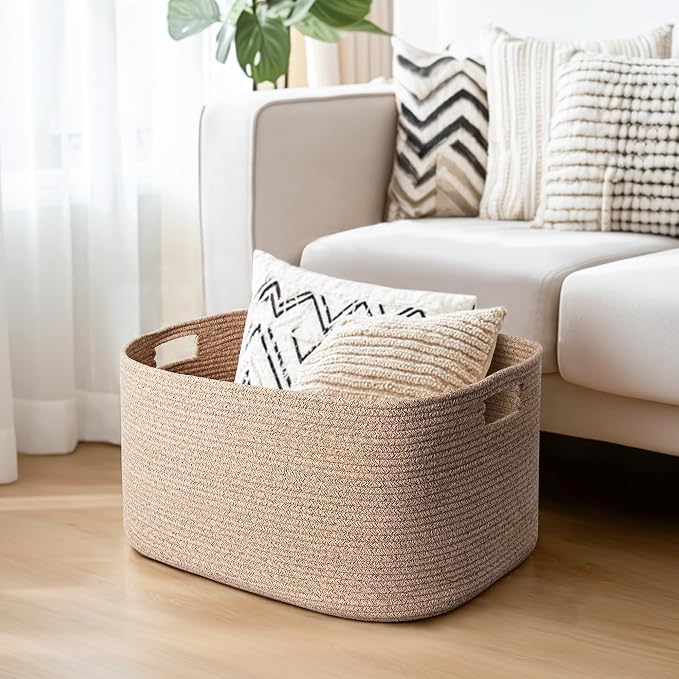 Large Storage Basket for Blankets, 75L Woven Blanket Storage for Living Room, Cotton Rope Baskets for Organizing, Kids Dog Toy Bin Box, Rectangle Pillow Holder Organizer, 22”x17”x12”
