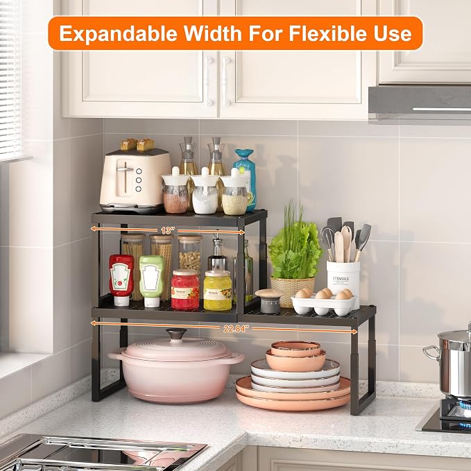 RUILALIFE Expandable-Stackable-Shelf-Organizer-For-Cabinet Pantry Closet,Kitchen Counter Shelf With Adjustable Height, Metal Storage Shelf Riser Spice Rack For Cupboard Countertop