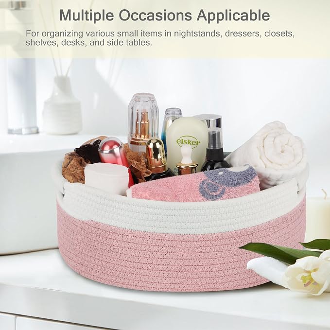 Small Woven Gift Basket with Bag & Ribbons, Dusty Pink | Cotton Rope, 13”x 9”x 5.5”, Fits for Kids, Women & Men, Bedroom, Living Room, Nursery & Bathroom Storage, Cat & Dog Toy Boxes
