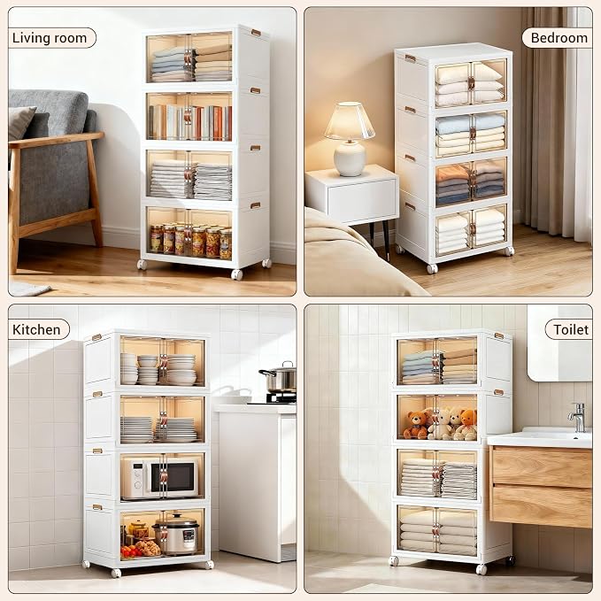 White 320 QT Large Stackable Storage Cabinet, 4-Tier Collapsible Storage Bins with Magnetic Doors & Wheels, XX-Large Plastic Organizer for Closet, Bedroom, Kitchen & Office, Total 80 QT per Tier