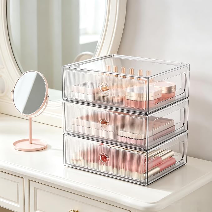 3 Tier Clear Makeup Drawer, PET Cosmetic Storage Organizer for Dresser, Countertop & Bathroom Vanity, Holders for Lipstick, Brushes, Skincare & Beauty Supplies