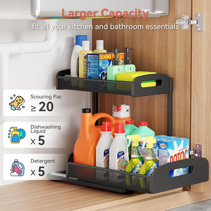 YASONIC 2 Pack Under Sink Organizer, 2 Tier Height Adjustable Kitchen Cabinet Organizer, Pull Out Metal Cabinet Shelf Organizer, Under the Sink Organizers and Storage for Kitchen & Bathroom, Black