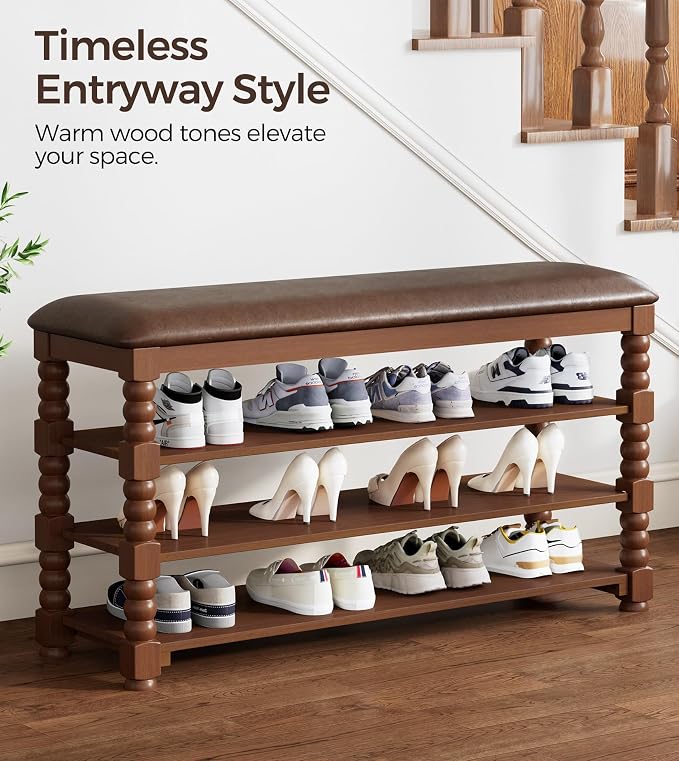 Homleke 39.4" Wide Solid Wood Shoe Rack Bench with Classic Turned Ball Legs | Tall 3-Tier Entryway Bench with Leather Seat, Holds Up to 12 Pairs, for Hallway, Bedroom and Closet, Walnut