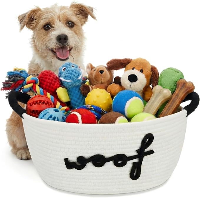 Dog Toy Storage Basket with Handles, 11.8 x 7.5 x 6.7 Inch Cotton Rope Dog Toy Storage Bin Woven Pet Organizer Shelf Basket for Pet Chew Toys, Foods