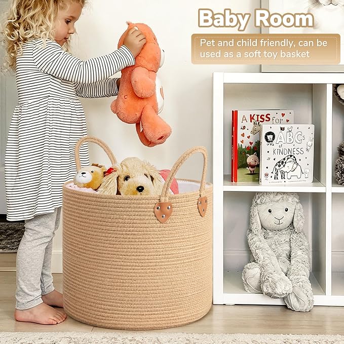 CHICVITA 50L Blanket Basket Living Room, Wicker Laundry Baskets for Home Decor, Baby Toy Basket with Handles, Large Nursery Hamper for Blankets Towels Clothes, 16" X 16" X 14", Jute Brown