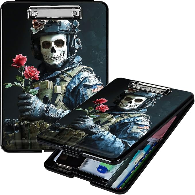 Heavy Duty Storage Clipboard, Slim Nursing Clipboard with Internal Pen Case, Portable File Organizer Case for A4 Letter Size Paper Office Medical Professionals, Skull Man Flower
