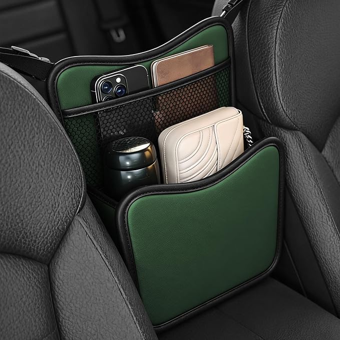 Car Organizer Storage Between Seats, Car Purse Holder, Nappa Leather Front Seat Storage Bag with Tissue Holder, Large Capacity Auto Console Organizer for Document Phone Wallet Snack (Green)