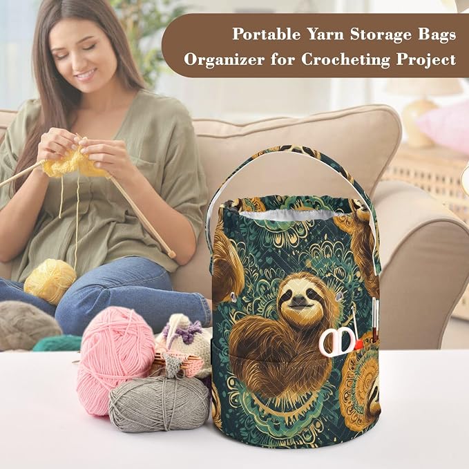 Fustylead Retro Cute Sloths on Green Mandala Background Knitting Yarn Storage Tote Basket, Durable Polyester Large Crochet Drawstring Bag for Crocheting Project, Sewing Supplies, Needles