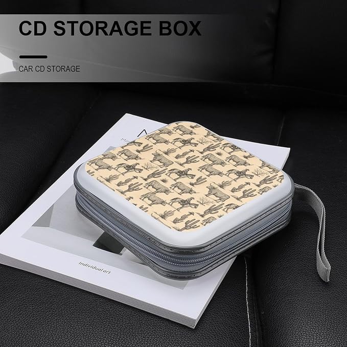 Heavy-Duty DVD Holder Binder Wild West Desert Cowboy Ride Horse Cactus Western, 40-Disc Capacity Hard Plastic Case, Portable Storage Wallet for Music Movies