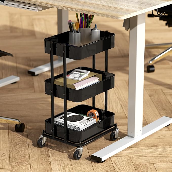 Simple Houseware 3-Tier Utility Cart, Low 24" Height Fits Under Desk, Black | Compact & Lower Height Great for Under-Desk Space-Saving Storage for Home Office, Dining Room, or Kitchen