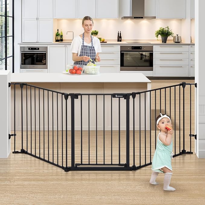 COMOMY 80" Extra Wide Baby Gate, Dog Gate for House Stairs Doorways | Auto Close Pet Gate with Door Walk Through, 5 Metal Panels, Hardware Mounted Baby Fence Indoor Outdoor(30" Tall,Black)