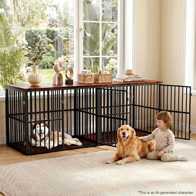 VOWNER 86.7" Double Dog Crate Furniture for 2 Large Dogs, Rustic Brown | Heavy Duty Wooden Dog Kennel with Removable Divider, XXL Dog Cage TV Stand End Table with 4 Doors, Double Locks for Each Door