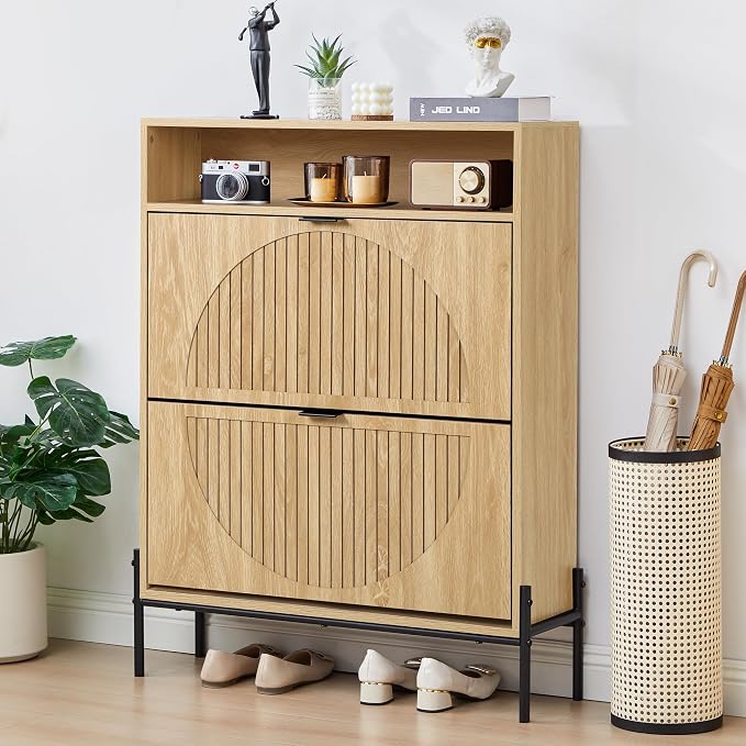 FurSch Fluted Shoe Cabinet with 2 Flip Drawers | Slim, Freestanding, Hidden Organizer, Narrow Storage Rack, for Entryway