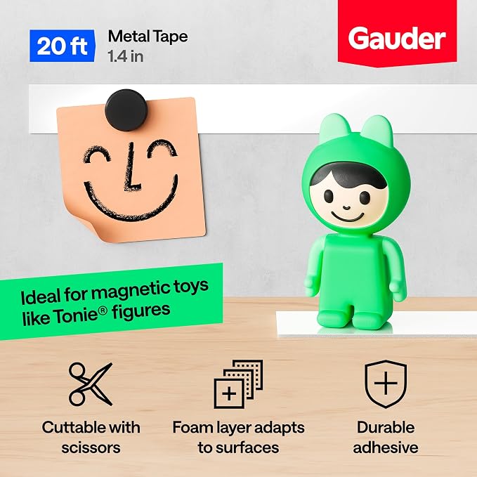 GAUDER Self-Adhesive Metal Tape - Ideal for Tonie Figures & Shelves - Holding Surface for Magnets - Ferrous Tape with Foam Adhesive - Thin Metal Steel Strip (20 ft x 1.4 in)
