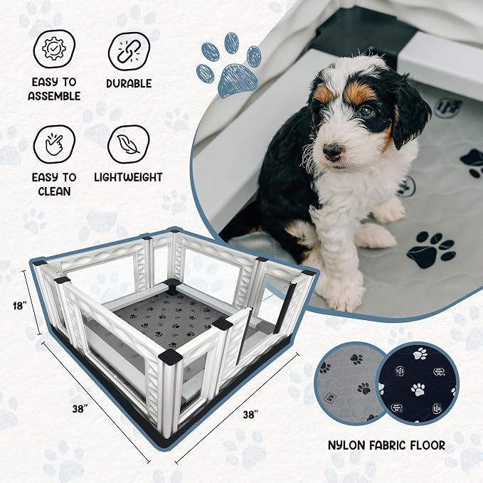 EZclassic Windowed Dog Whelping Box with Rails, Medium 38"x38"x18" | Padded puppy whelping supplies with black pad, comfortable for mother and puppies, easy cleanup