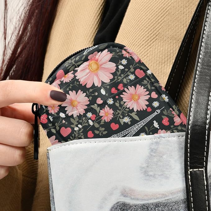 Fustylead Vintage Eiffel Tower Pink Hearts Daisy Flowers Travel Pill Organizer Bag with Zipper Small Pill Box 7 Day Pill Case for Purse Storage Weekly Vitamin Medicine Supplement