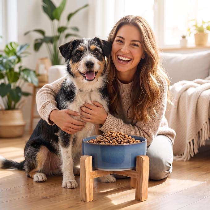 hjn Elevated Ceramic Dog Bowl with Bamboo Stand, Raised Pet Feeding Station for Small Medium Dogs Cats, Modern Design with Anti-Slip Base (Deep Blue, 3.6Cup)
