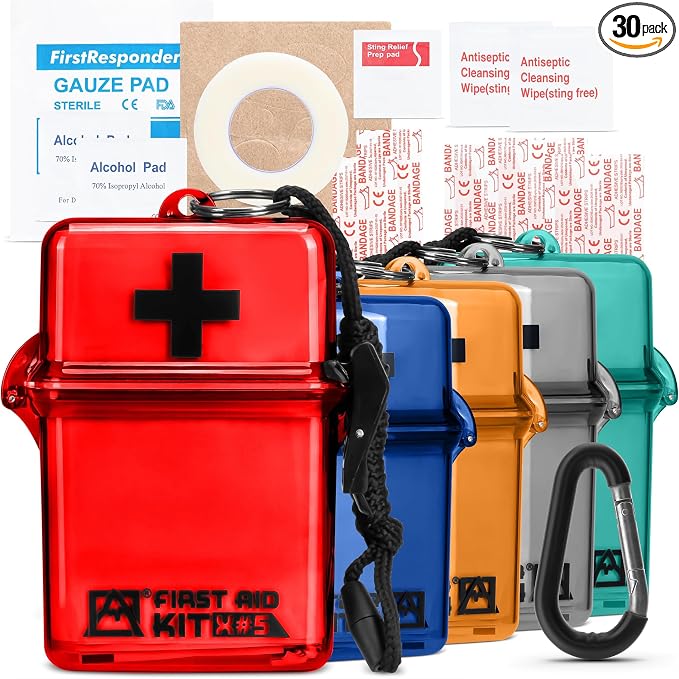 Avalanche Mini First Aid Kit, 30 Pcs Emergency Supplies Kit in Waterproof Case for Home, Car, Travel, Sports or Camping, First Aid Kit in Hard Case & Carabiner, Red