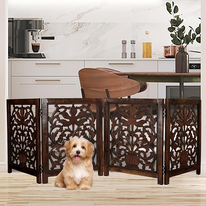 Lightnpro 4-Panel Wooden Dog Gate – 72 Inch Extra-Wide Foldable Freestanding Pet Barrier, Rustic Burnt Finish Indoor Safety Fence for Small Dogs & Puppies – 24x18 Inch Panels